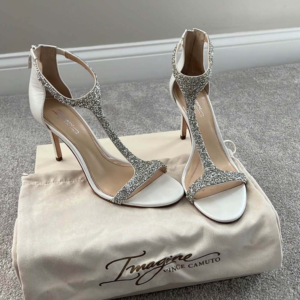 Vince Camuto White and Silver Glitter T-Strap Stiletto Heels